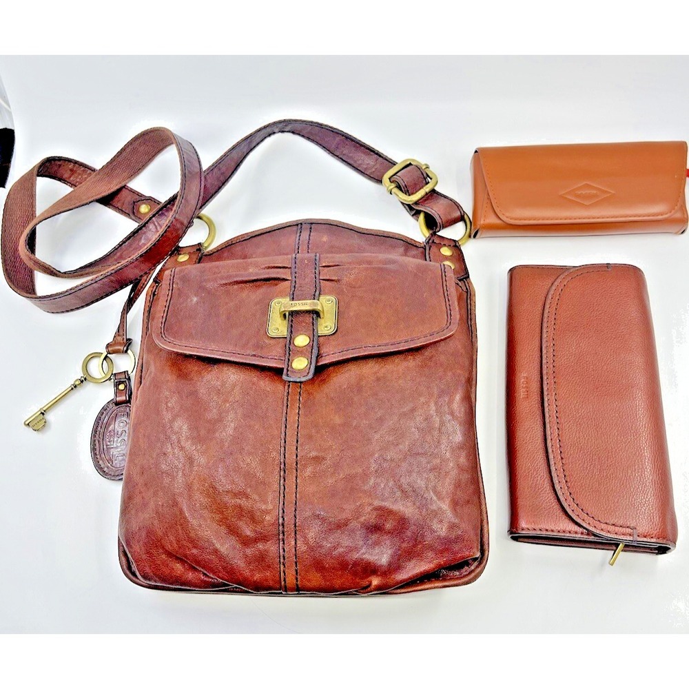 VTG FOSSIL TAN LEATHER SATCHEL 5 Pocket CROSSBODY BAG Wallet Sunglass Case Lot